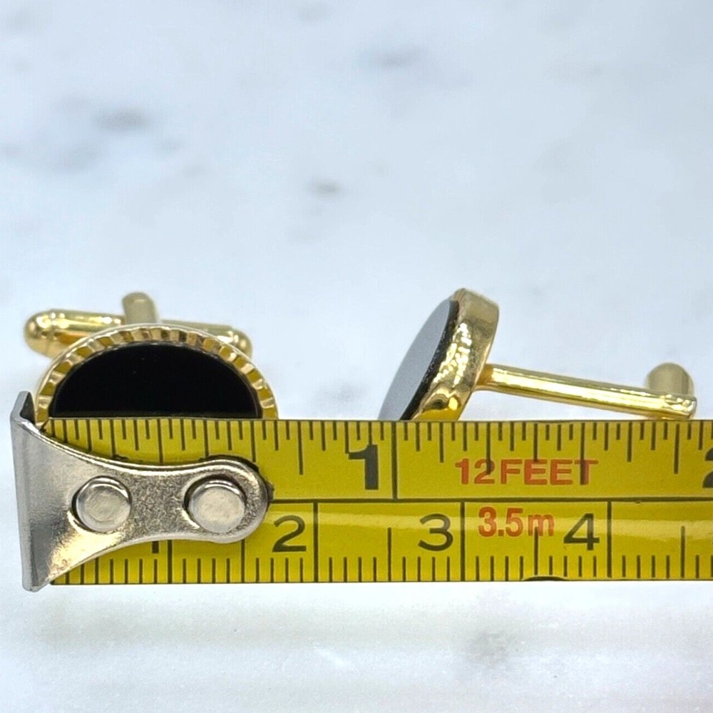 Vintage Oval Black Center & Gold Tone Bullet Back Elegant Formal Cufflinks - Picture 10 of 10